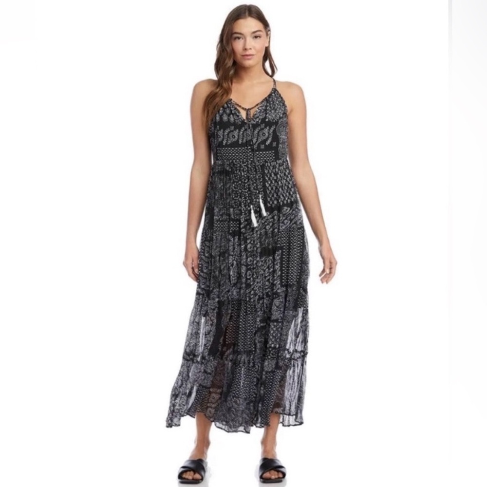 Karen Kane Black Patterned Maxi Dress with Tassel Detail